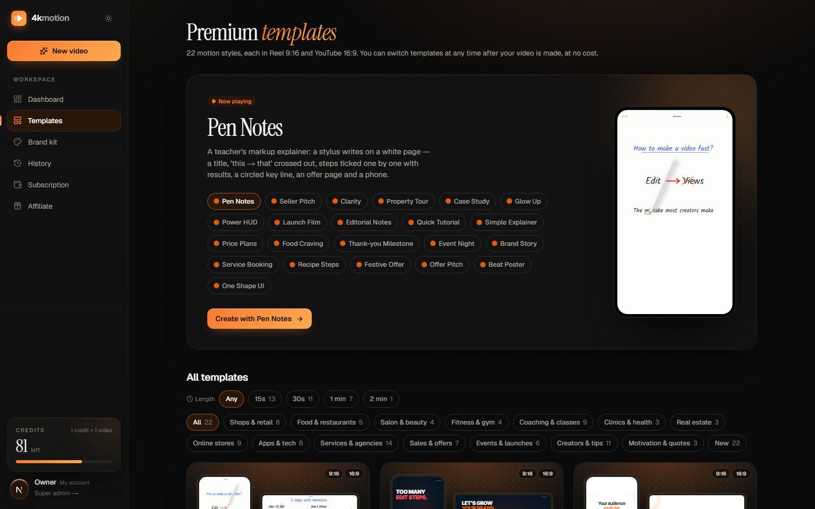 Motion templates for offers, recipes, property tours and tutorials in 4kmotion
